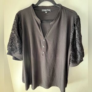 Vintage Rose Black Blouse with Lace Short Sleeves Size 2X